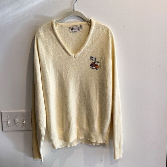 Vtg Bulldozer Embroidered V Neck Sweater Large Mens Grandpa Retro Yellow Preppy - Picture 7 of 10